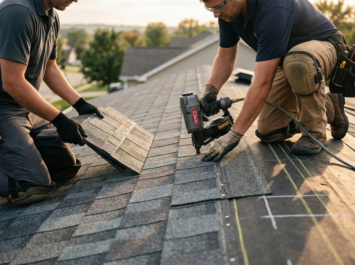 Professional roofer working on a residential roof in Cedar Lake